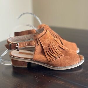 TOPSHOP Faux Suede Boho Fringe Open Peep Toe Heeled Sandals